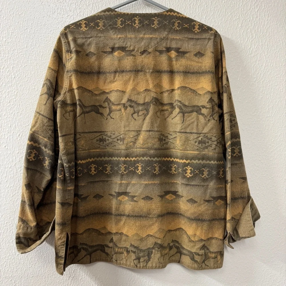 Vintage Cabela's Brown and Tan Southwestern Horse-Print Long Sleeve Cotton Shirt - Picture 2 of 10